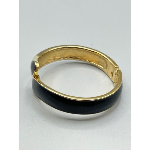Vintage Trifari Hinged Bangle Clamper Bracelet 80s 90s Gold Tone & Black Enamel - Picture 3 of 6